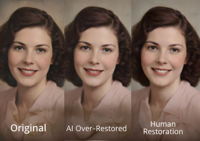 Comparison showing difference between AI over-restoration and authentic manual photo restoration